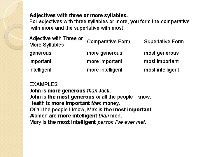 Adjectives with three or more syllables. For adjectives with three syllables or more, you