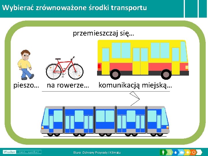 Wybierać zrównoważone środki transportu przemieszczaj się… pieszo… na rowerze… komunikacją miejską… Biuro Ochrony Przyrody