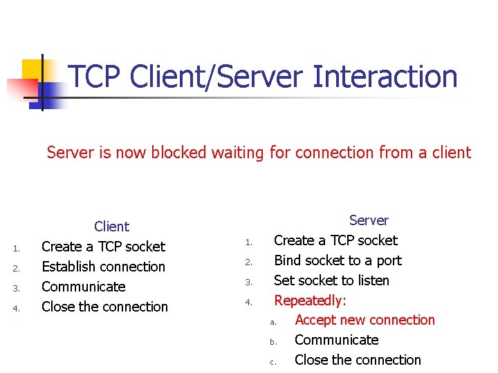 TCP Client/Server Interaction Server is now blocked waiting for connection from a client 1.