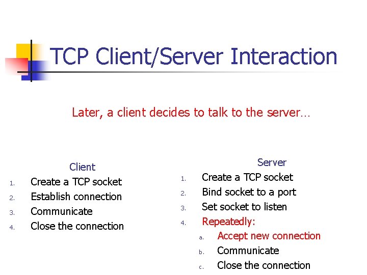 TCP Client/Server Interaction Later, a client decides to talk to the server… 1. 2.