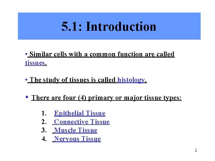 5. 1: Introduction • Similar cells with a common function are called tissues. •