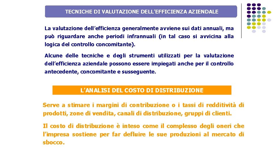 TECNICHE DI VALUTAZIONE DELL’EFFICIENZA AZIENDALE La valutazione dell’efficienza generalmente avviene sui dati annuali, ma