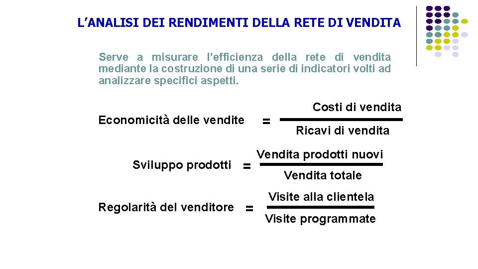 L’ANALISI DEI RENDIMENTI DELLA RETE DI VENDITA Serve a misurare l’efficienza della rete di