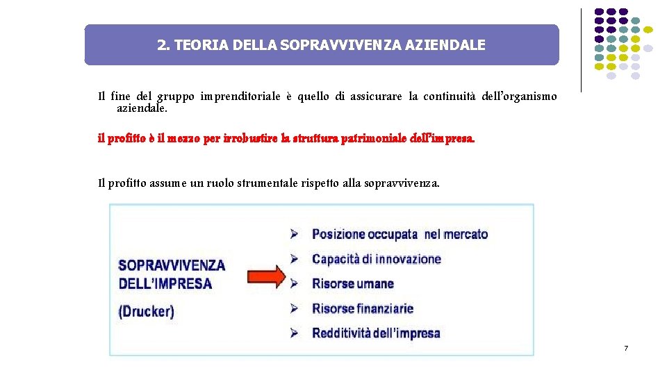 2. TEORIA DELLA SOPRAVVIVENZA AZIENDALE Il fine del gruppo imprenditoriale è quello di assicurare