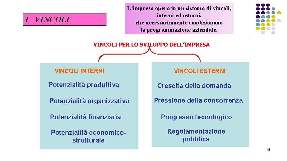 L’impresa opera in un sistema di vincoli, interni ed esterni, che necessariamente condizionano la