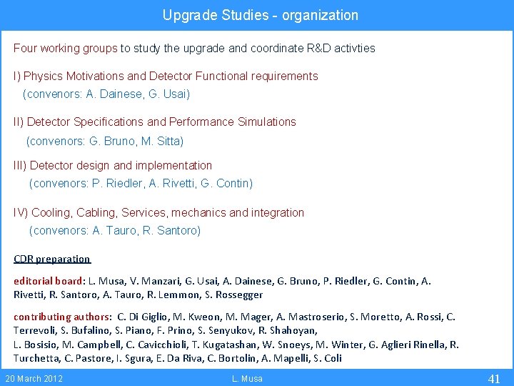 Upgrade Studies - organization Four working groups to study the upgrade and coordinate R&D