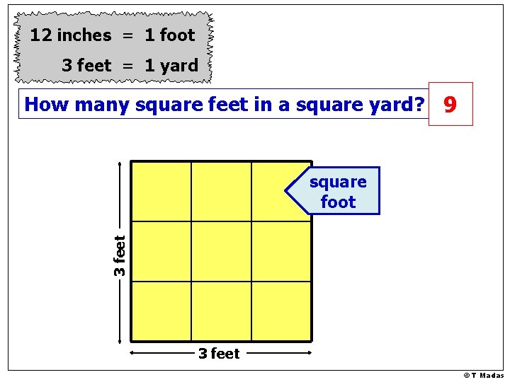 12 inches = 1 foot 3 feet = 1 yard How many square feet