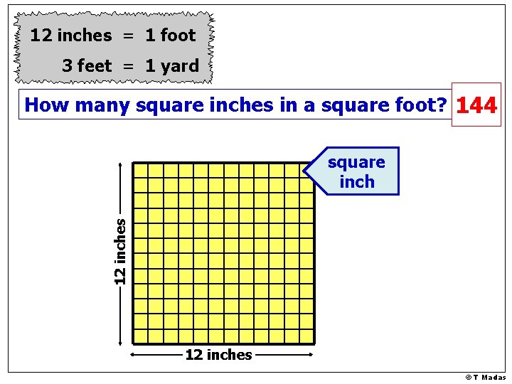 12 inches = 1 foot 3 feet = 1 yard How many square inches