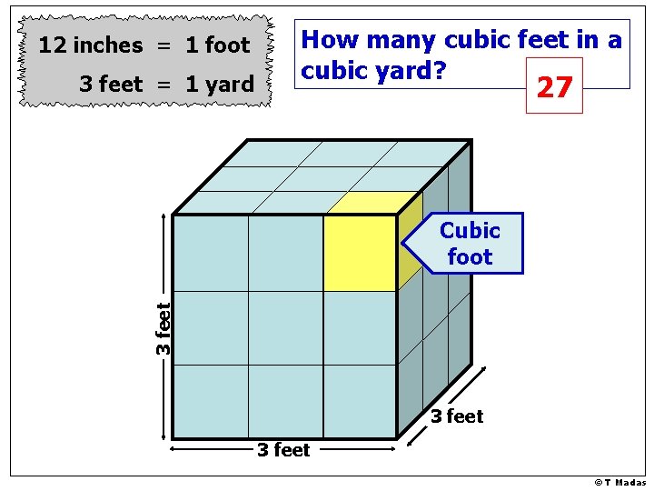 12 inches = 1 foot 3 feet = 1 yard How many cubic feet