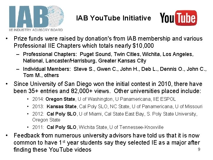 IAB You. Tube Initiative • Prize funds were raised by donation's from IAB membership
