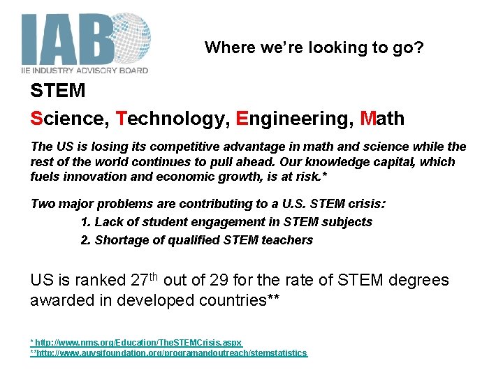 Where we’re looking to go? STEM Science, Technology, Engineering, Math The US is losing
