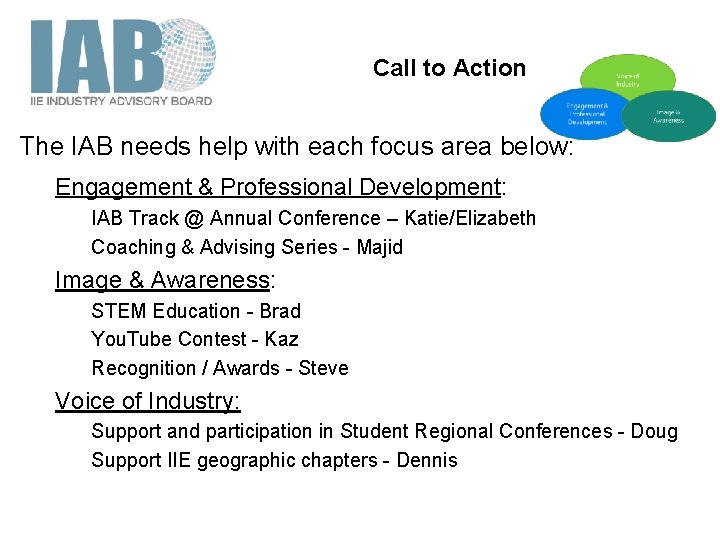Call to Action The IAB needs help with each focus area below: Engagement &