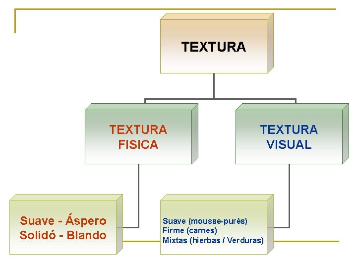 TEXTURA FISICA Suave - Áspero Solidó - Blando TEXTURA VISUAL Suave (mousse-purés) Firme (carnes) TEXTURA FISICA Suave - Áspero Solidó - Blando TEXTURA VISUAL Suave (mousse-purés) Firme (carnes)