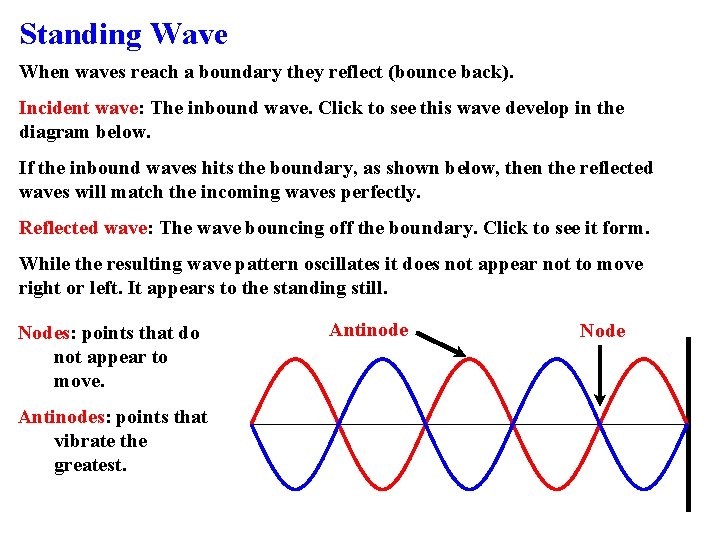 Standing Wave When waves reach a boundary they reflect (bounce back). Incident wave: The