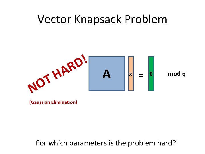 Vector Knapsack Problem NO ! D R A H T A x = t