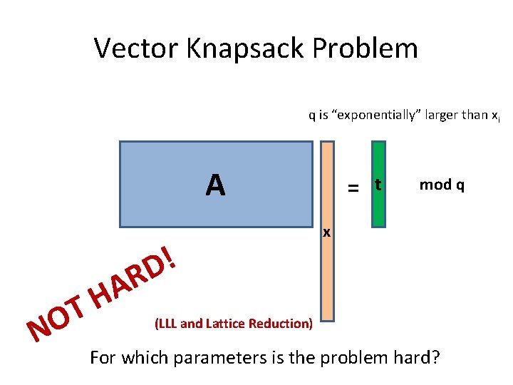 Vector Knapsack Problem q is “exponentially” larger than xi A t mod q x