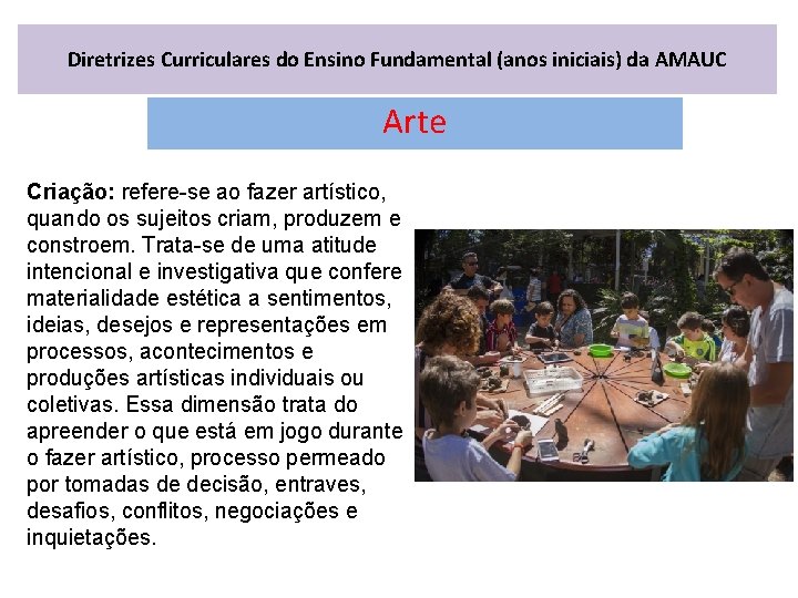 Diretrizes Curriculares do Ensino Fundamental (anos iniciais) da AMAUC Arte Criação: refere-se ao fazer