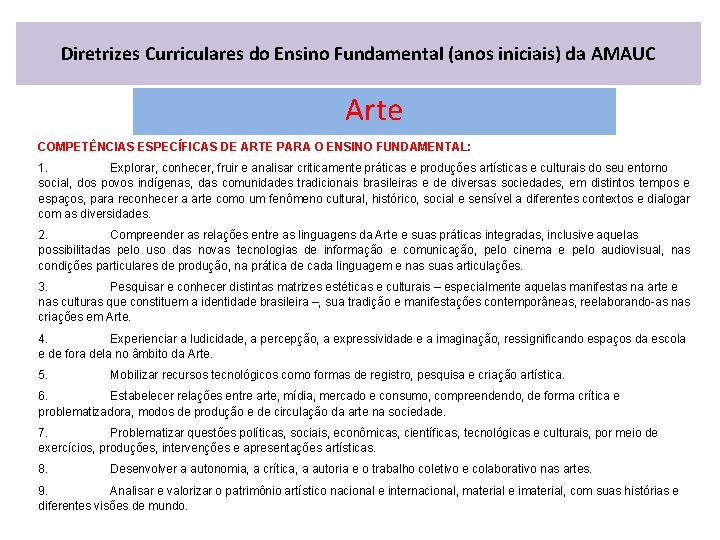 Diretrizes Curriculares do Ensino Fundamental (anos iniciais) da AMAUC Arte COMPETÊNCIAS ESPECÍFICAS DE ARTE