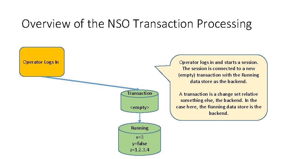 Overview of the NSO Transaction Processing Operator Logs In Operator logs in and starts