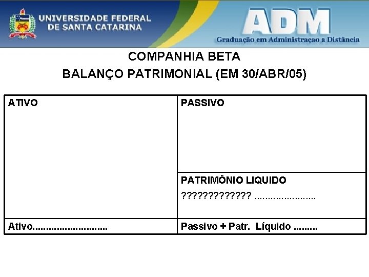 COMPANHIA BETA BALANÇO PATRIMONIAL (EM 30/ABR/05) ATIVO PASSIVO PATRIMÔNIO LIQUIDO ? ? ? ?