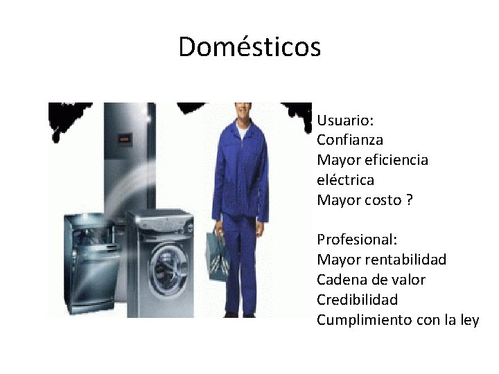 Domésticos Usuario: Confianza Mayor eficiencia eléctrica Mayor costo ? Profesional: Mayor rentabilidad Cadena de