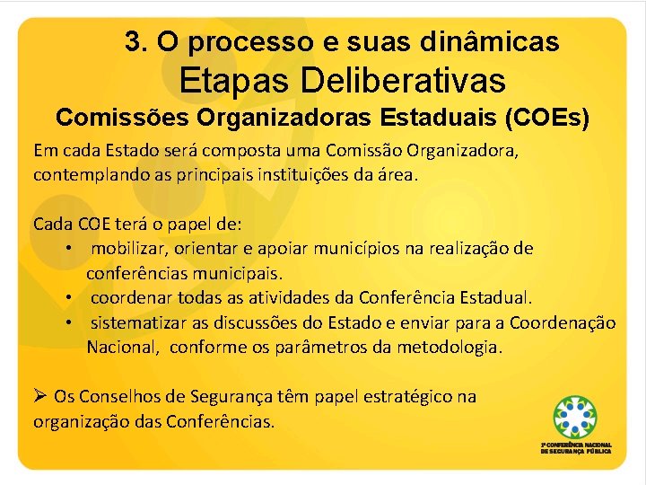 3. O processo e suas dinâmicas Etapas Deliberativas Comissões Organizadoras Estaduais (COEs) Em cada