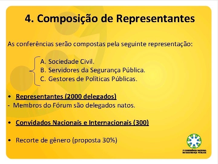 4. Composição de Representantes As conferências serão compostas pela seguinte representação: A. Sociedade Civil.