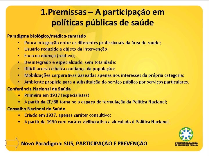 1. Premissas – A participação em políticas públicas de saúde Paradigma biológico/médico-centrado • Pouca