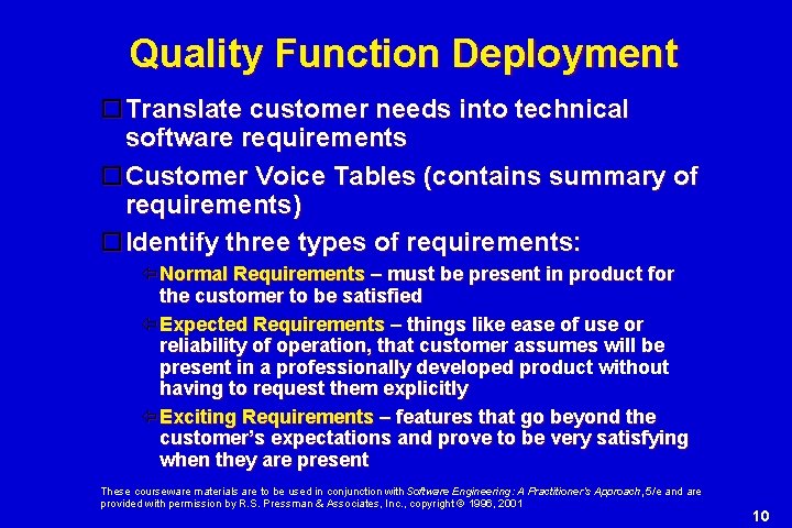 Quality Function Deployment Translate customer needs into technical software requirements Customer Voice Tables (contains