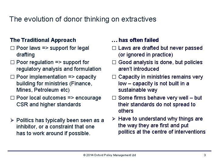 The evolution of donor thinking on extractives The Traditional Approach � Poor laws =>