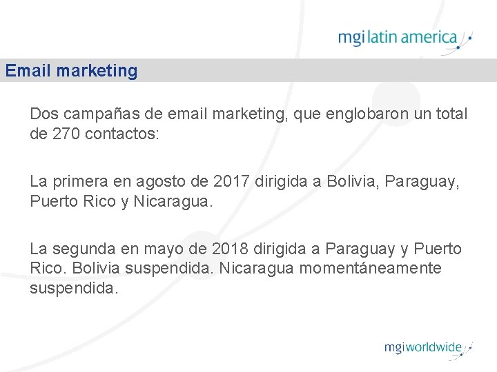 Email marketing Dos campañas de email marketing, que englobaron un total de 270 contactos: