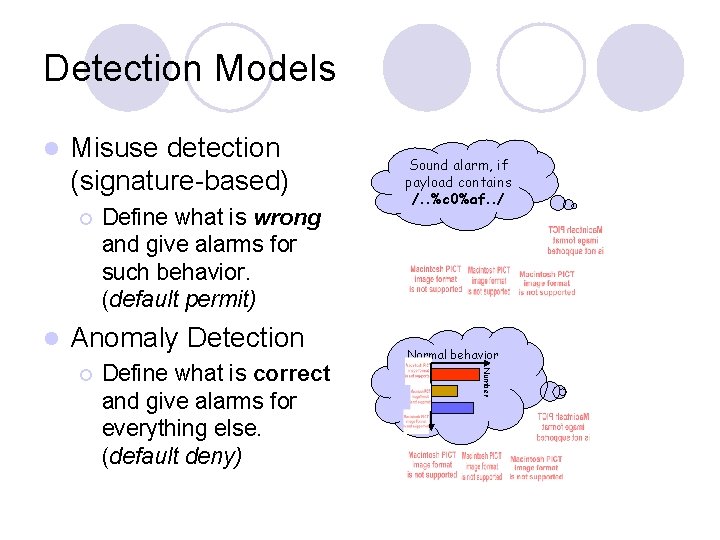 Detection Models l Misuse detection (signature-based) ¡ l Define what is wrong and give