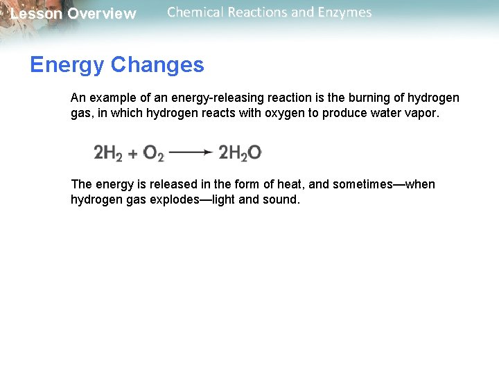 Lesson Overview Chemical Reactions and Enzymes Energy Changes An example of an energy-releasing reaction