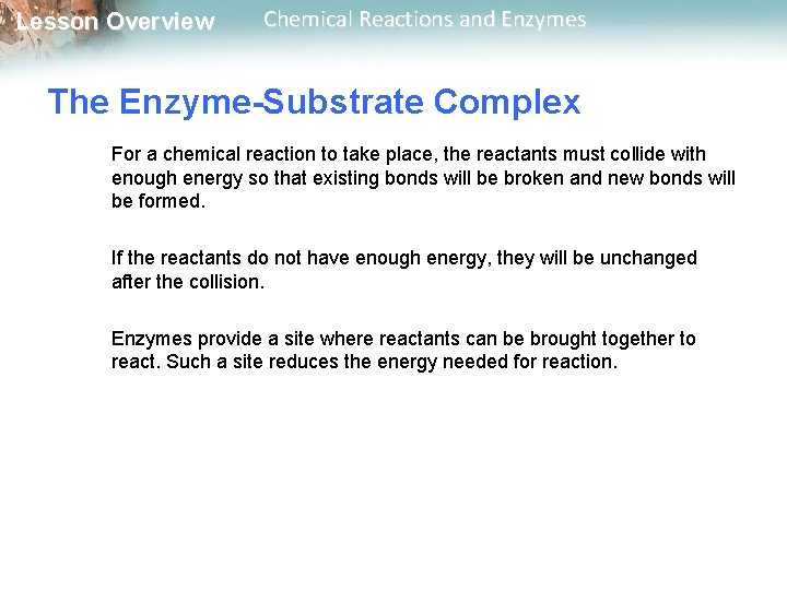 Lesson Overview Chemical Reactions and Enzymes The Enzyme-Substrate Complex For a chemical reaction to