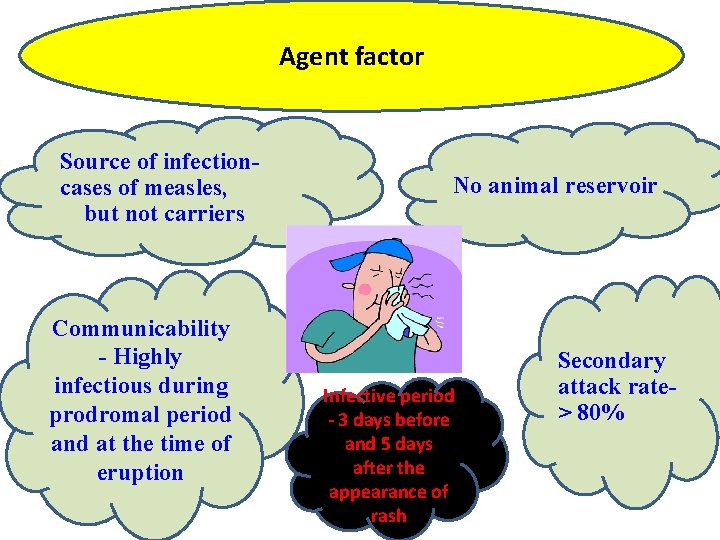 Agent factor Source of infection • cases. of measles, but not carriers No animal