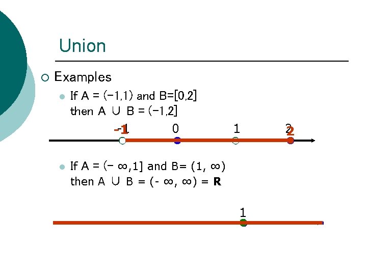 Union ¡ Examples l l If A = (-1, 1) and B=[0, 2] then