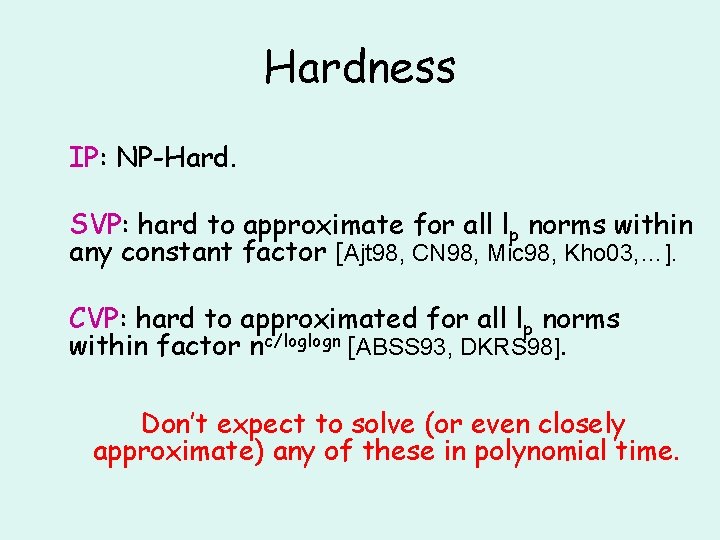 Hardness IP: NP-Hard. SVP: hard to approximate for all lp norms within any constant