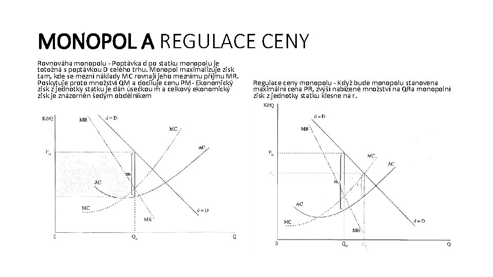 MONOPOL A REGULACE CENY Rovnováha monopolu - Poptávka d po statku monopolu je totožná