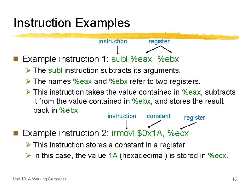 Instruction Examples instruction register n Example instruction 1: subl %eax, %ebx Ø The subl