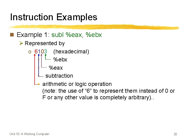 Instruction Examples n Example 1: subl %eax, %ebx Ø Represented by o 6103 (hexadecimal)