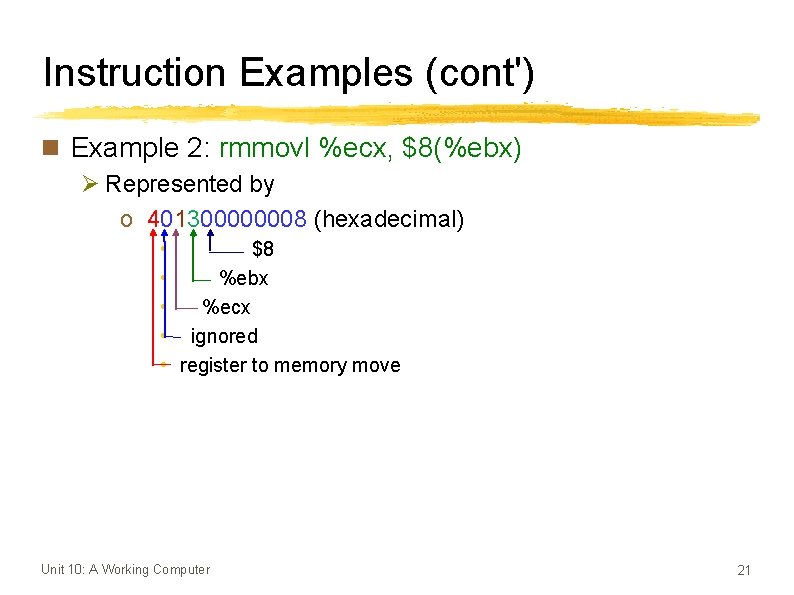 Instruction Examples (cont') n Example 2: rmmovl %ecx, $8(%ebx) Ø Represented by o 401300000008