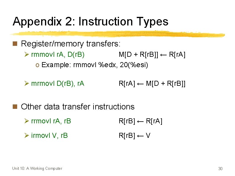 Appendix 2: Instruction Types n Register/memory transfers: Ø rmmovl r. A, D(r. B) M[D