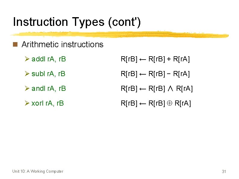 Instruction Types (cont') n Arithmetic instructions Ø addl r. A, r. B R[r. B]