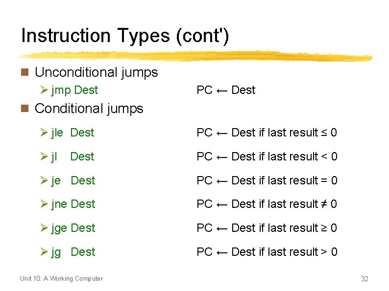 Instruction Types (cont') n Unconditional jumps Ø jmp Dest PC ← Dest n Conditional