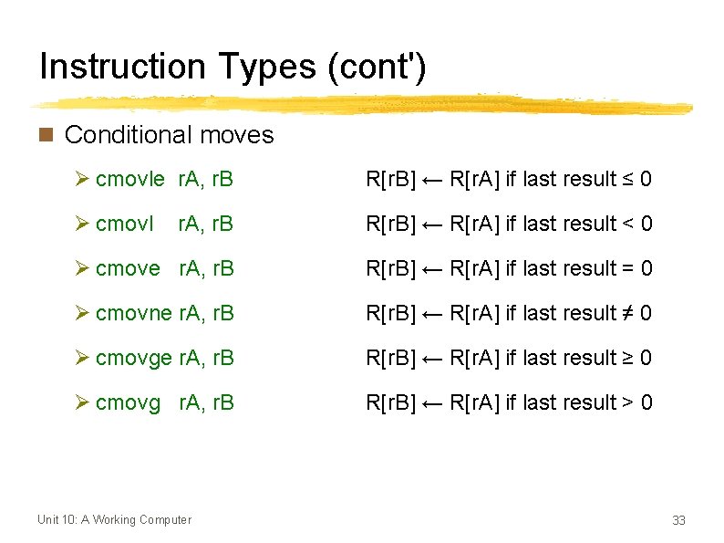 Instruction Types (cont') n Conditional moves Ø cmovle r. A, r. B R[r. B]