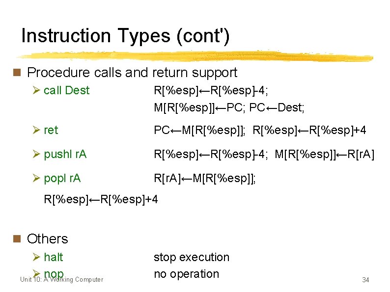 Instruction Types (cont') n Procedure calls and return support Ø call Dest R[%esp]←R[%esp]-4; M[R[%esp]]←PC;