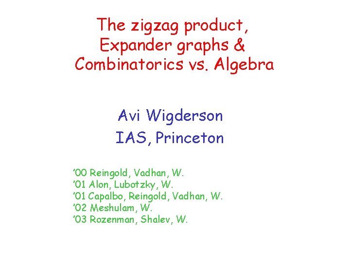 The zigzag product, Expander graphs & Combinatorics vs. Algebra Avi Wigderson IAS, Princeton ’