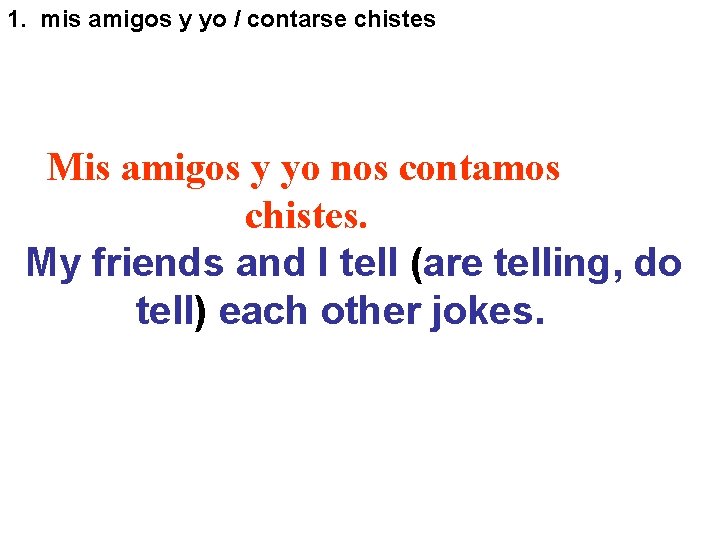 1. mis amigos y yo / contarse chistes Mis amigos y yo nos contamos 1. mis amigos y yo / contarse chistes Mis amigos y yo nos contamos