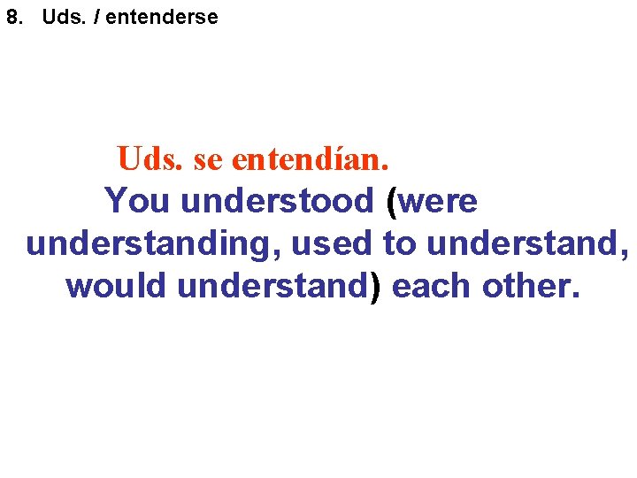 8. Uds. / entenderse Uds. se entendían. You understood (were understanding, used to understand, 8. Uds. / entenderse Uds. se entendían. You understood (were understanding, used to understand,