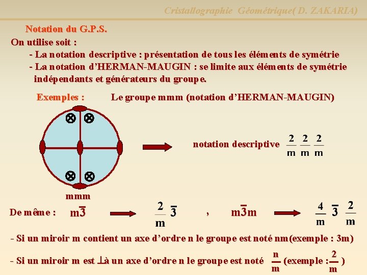 Cristallographie Géométrique( D. ZAKARIA) Notation du G. P. S. On utilise soit : -